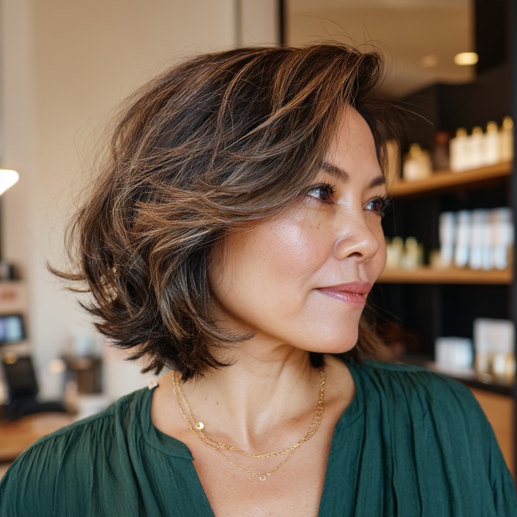 Textured Layered Bob with Warm Balayage Highlights