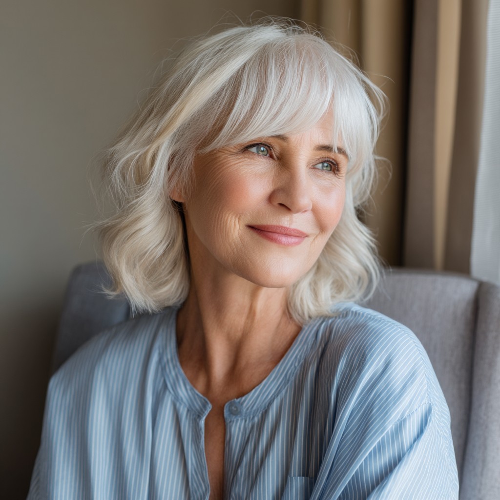 Textured Shoulder-Length Haircut with Soft Curtain Bangs