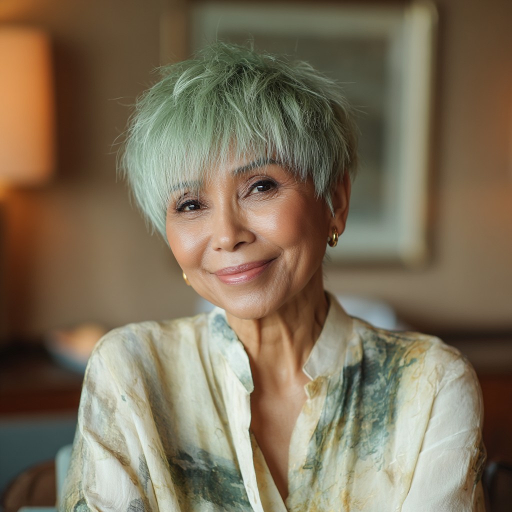 Chic Shaggy Pixie with Soft Green Undertones