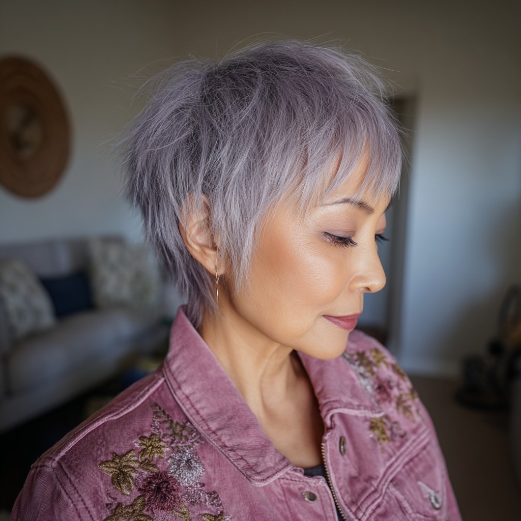 Chic Shaggy Pixie with Soft Lavender Tones