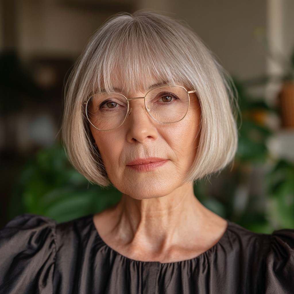 Chic Silver Blunt Bob with Subtle Bangs