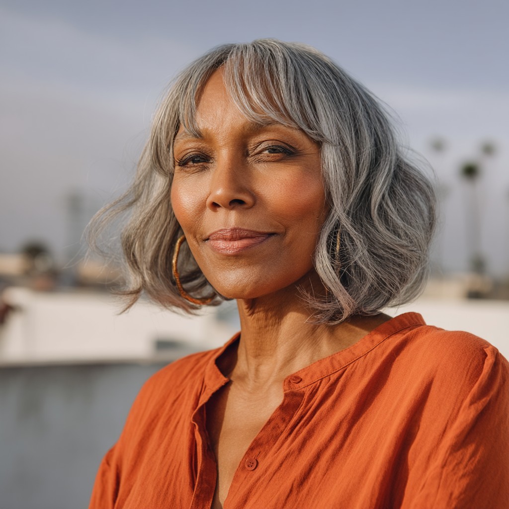 Chic Silver Curly Lob with Curtain Bangs