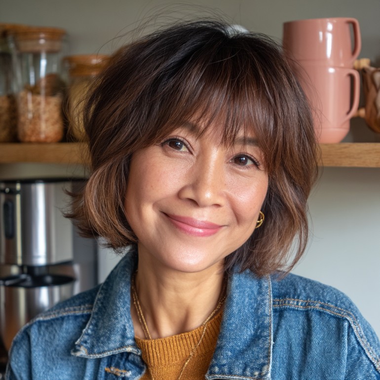 Chic Textured Curtain Bangs with Playful Layers