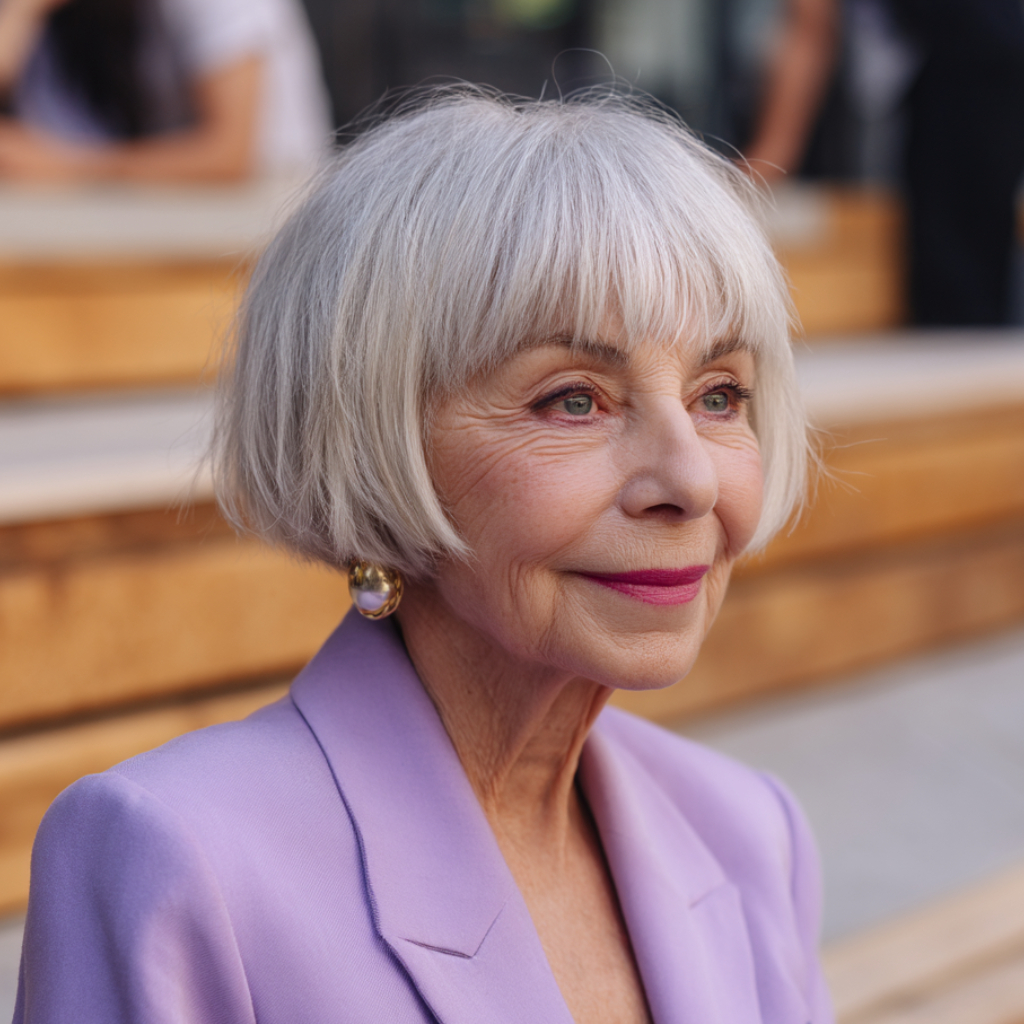 Chic Textured Silver Bob with Soft Fringe