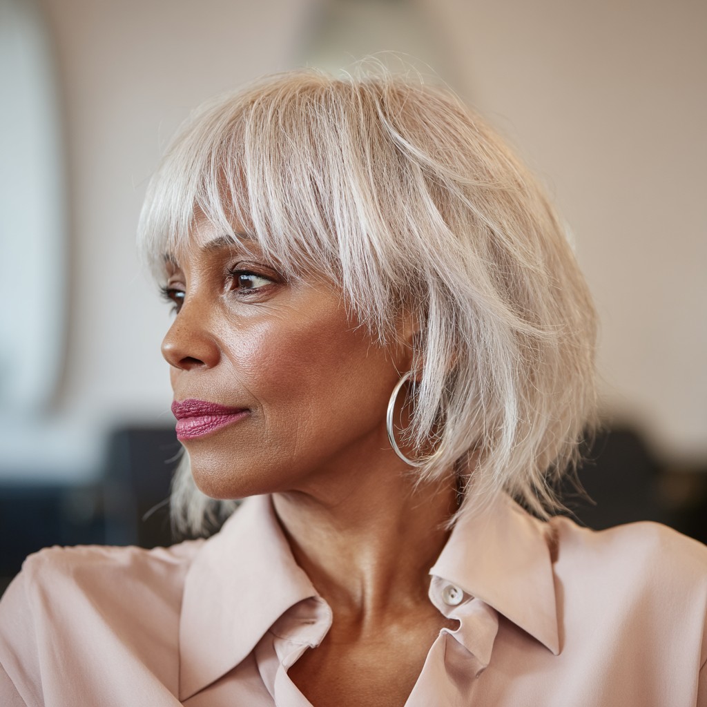 Contemporary Silvery Textured Bob with Bangs