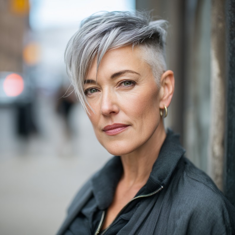 Edgy Silver Long Pixie with Shaved Sides