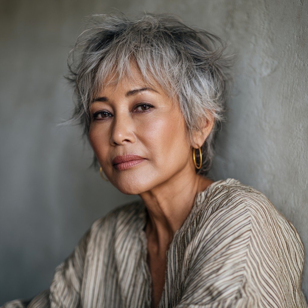 Effortlessly Textured Silver Pixie with Layered Volume