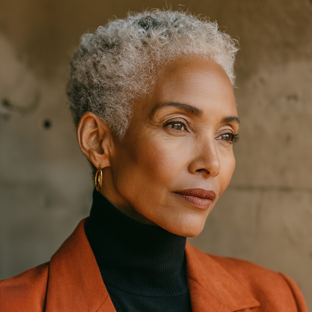 Elegant Curly Tapered Cut with Silver Highlights