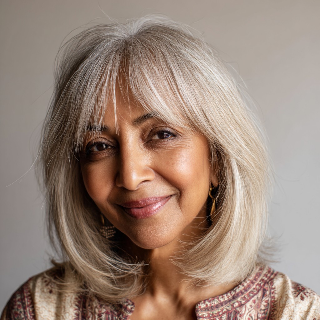 Elegant Silvery Long Bob with Soft Bangs