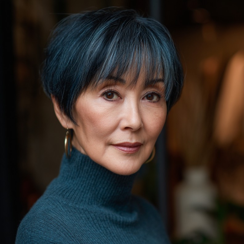 Elegant Textured Long Pixie with Subtle Blue Highlights