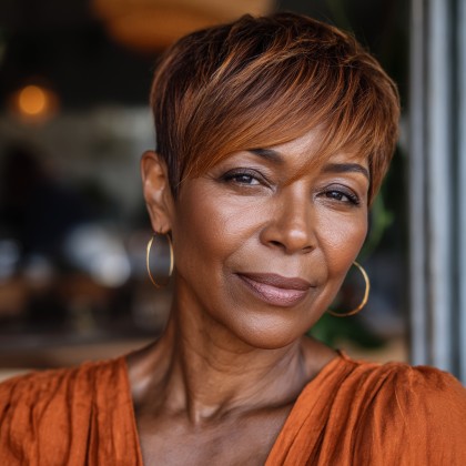 Modern Auburn Long Pixie with Soft Layered Fringe