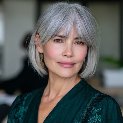 Modern Silver Curtain Bangs with Textured Layers