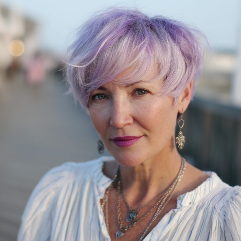 Playful Lavender Long Pixie with Soft Waves