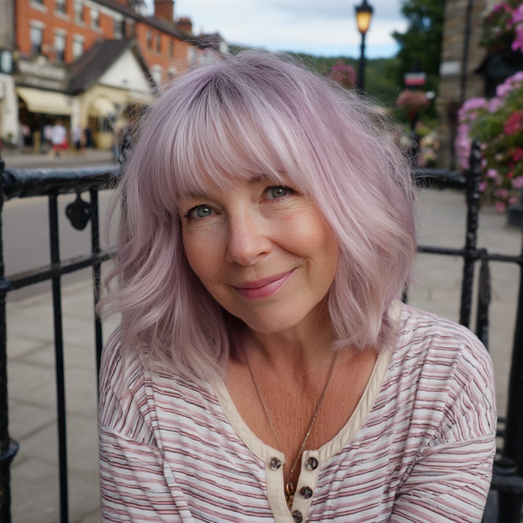 Soft Lavender Layered Lob with Wispy Bangs