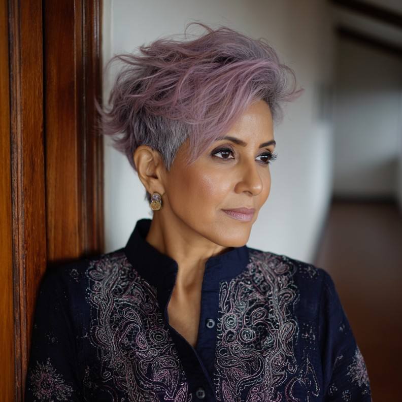 Soft Lavender Long Pixie with Textured Layers