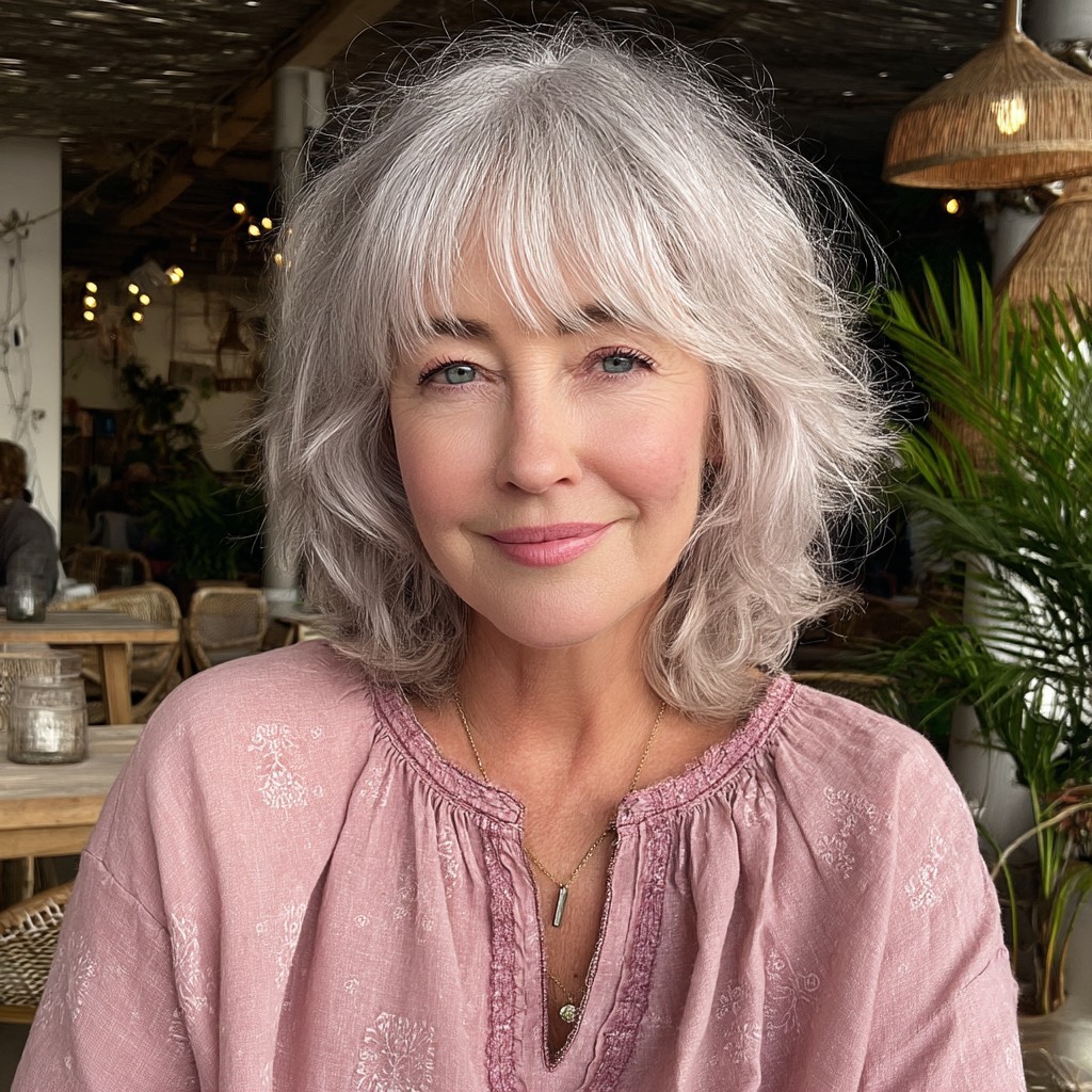 Soft Layered Silver Shag with Gentle Bangs