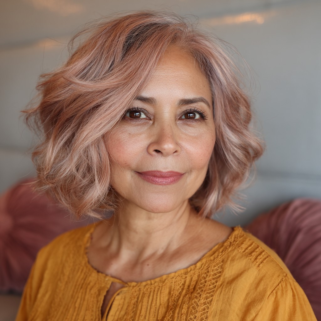Soft Rosy Curly Bob with Layered Texture