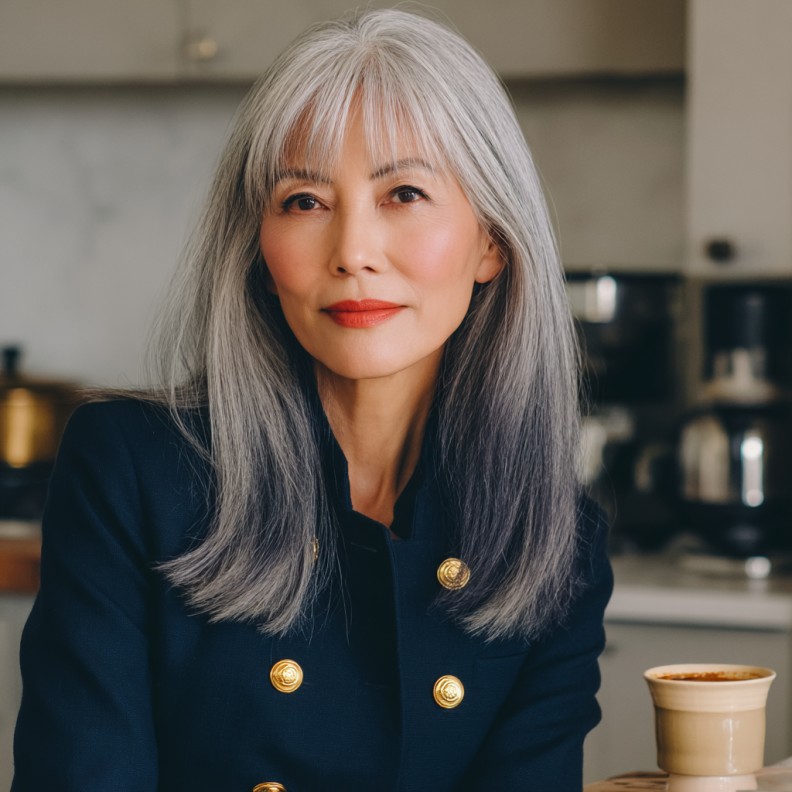 Stylish Curtain Bangs with Long Silvery Layers