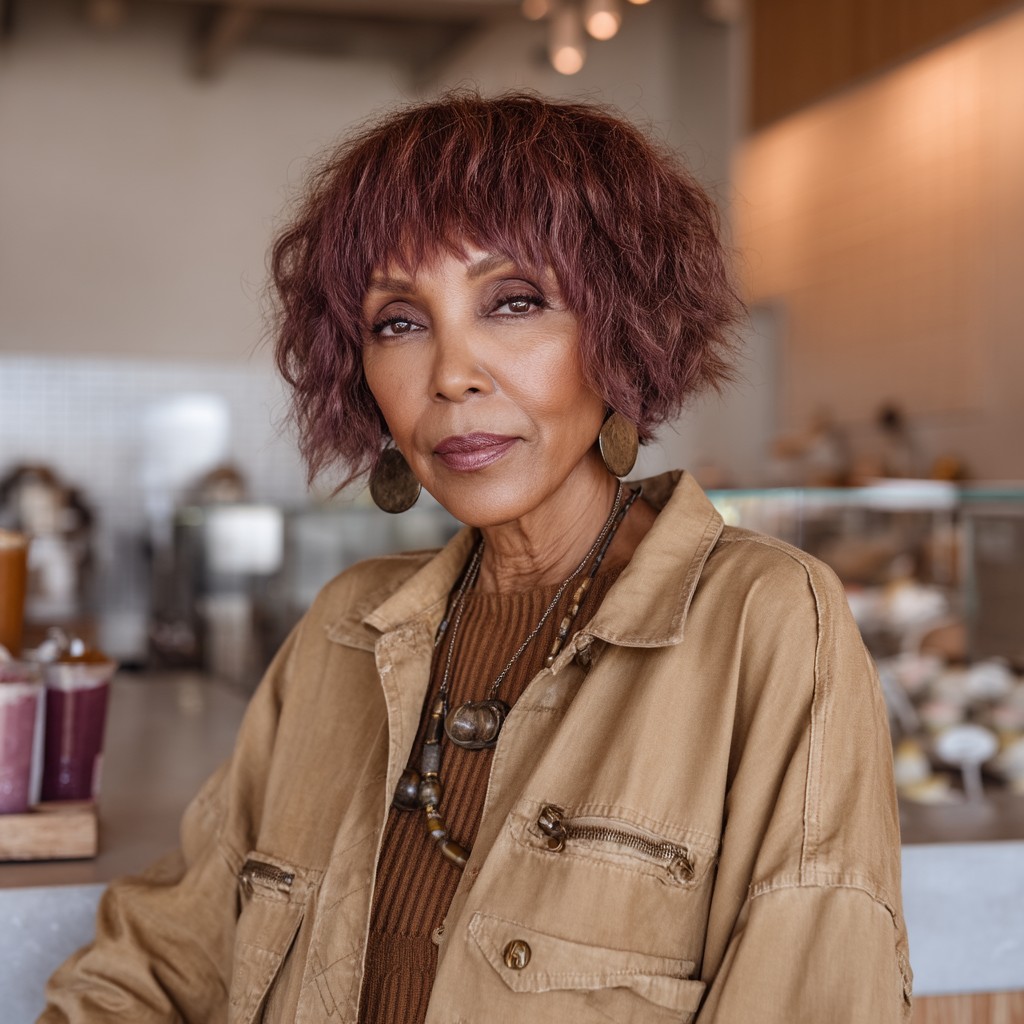 Textured Curly Lob with Rich Burgundy Highlights
