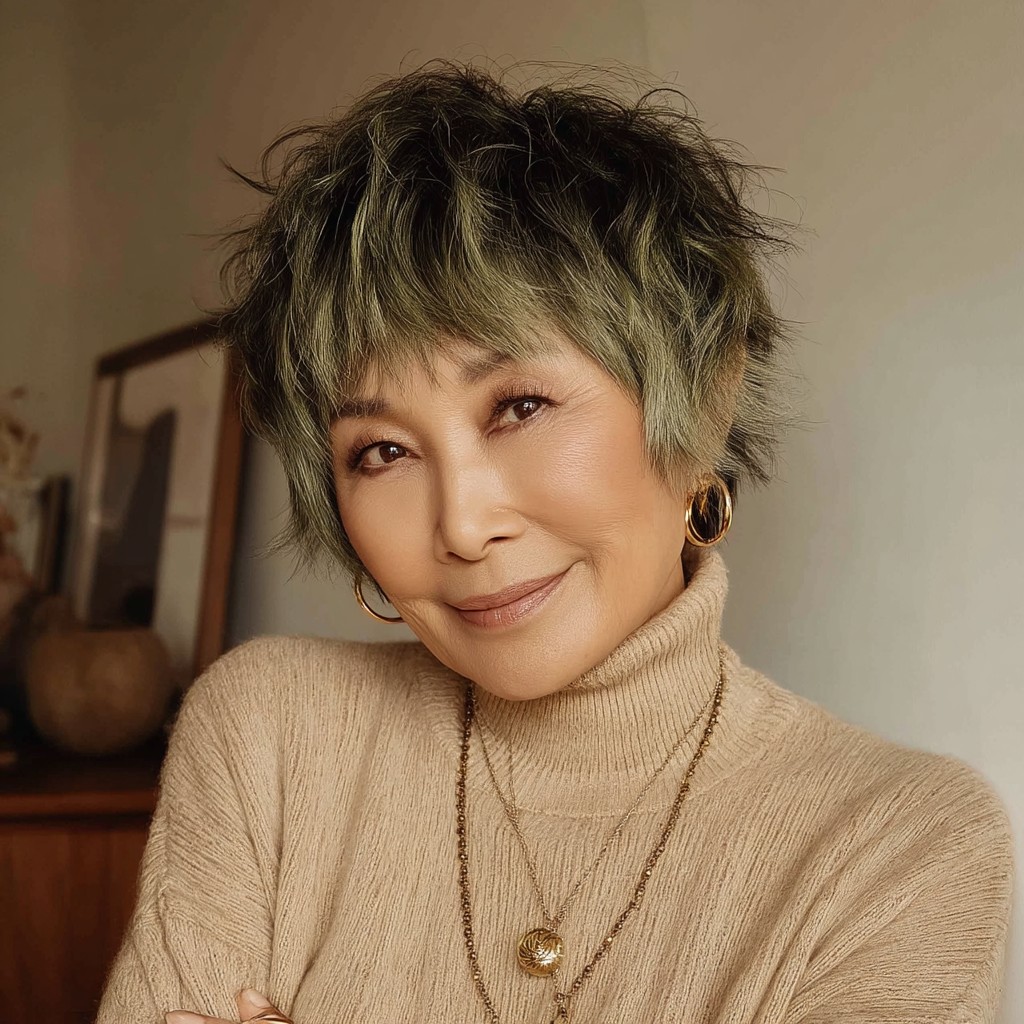 Textured Shaggy Pixie with Vibrant Green Undertones