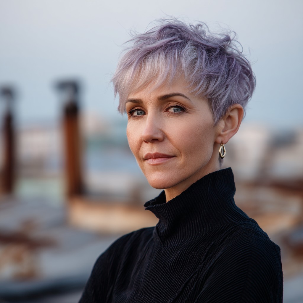 Textured Short Lavender Pixie Cut with Soft Waves