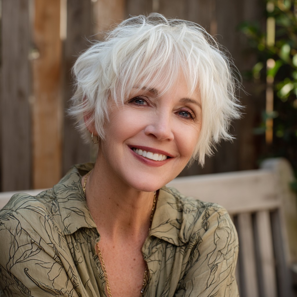 Textured Short Platinum Pixie with Playful Layers