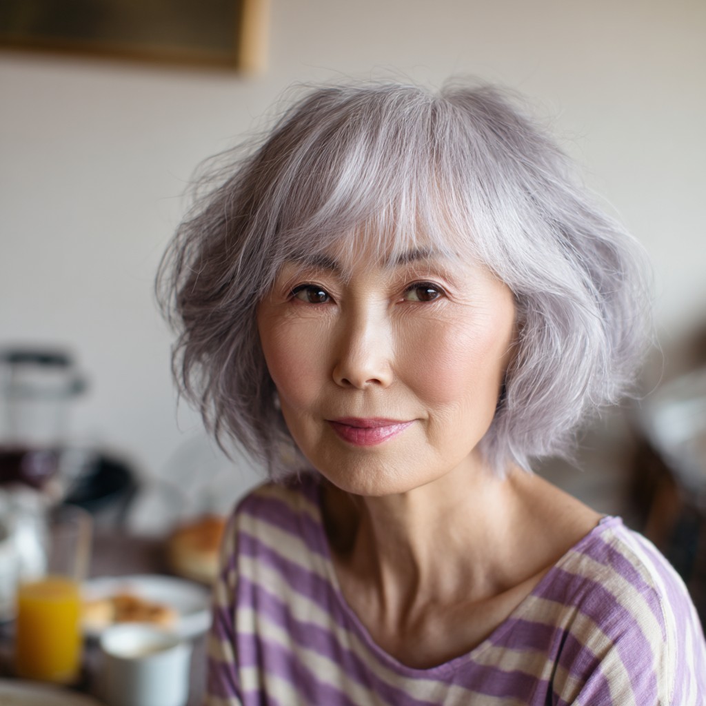 Textured Silver Bob with Soft Bangs