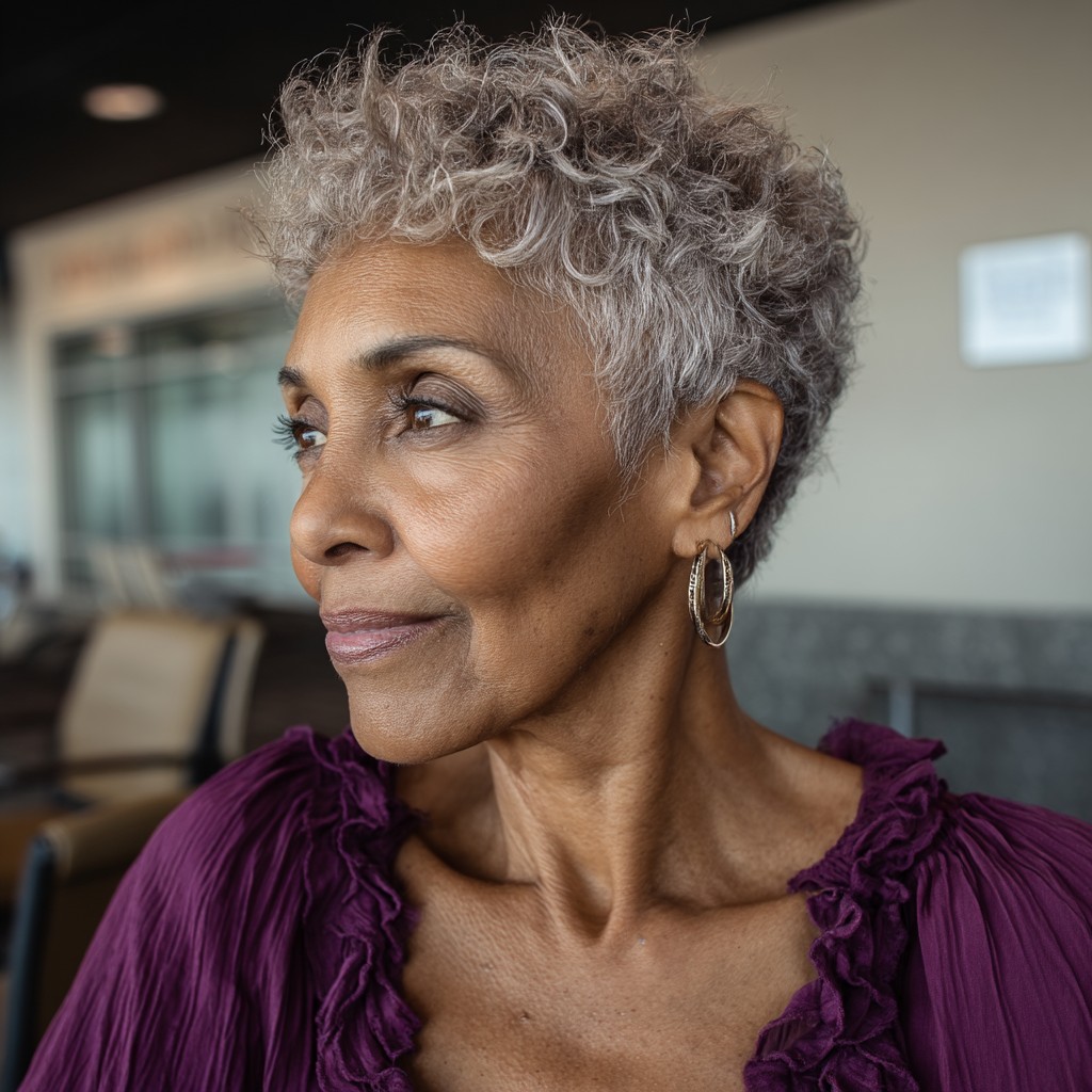 Textured Silver Shaggy Pixie with Defined Curls