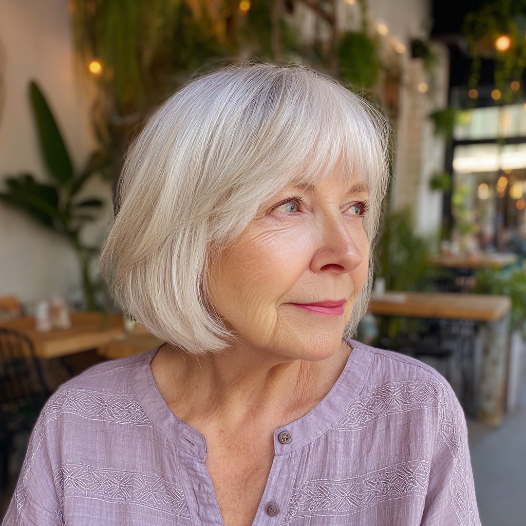 Charming Layered Silver Bob with Soft Bangs