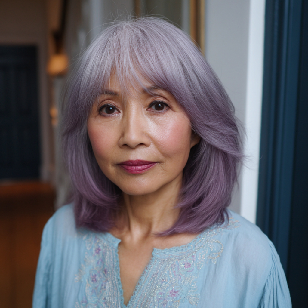 Charming Soft Lavender Layered Cut with Curtain Bangs