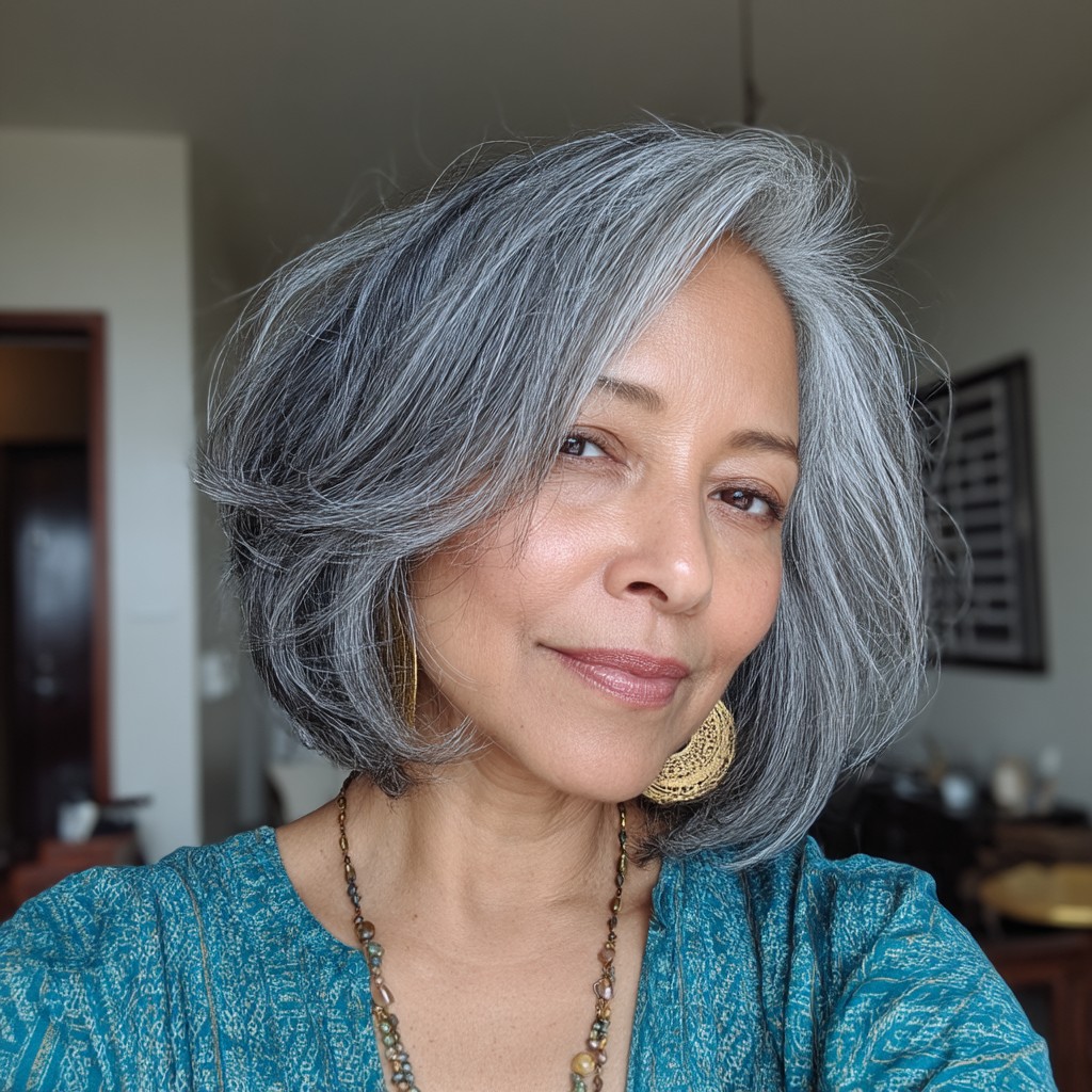 Chic Layered Bob Haircut for Silver Tresses
