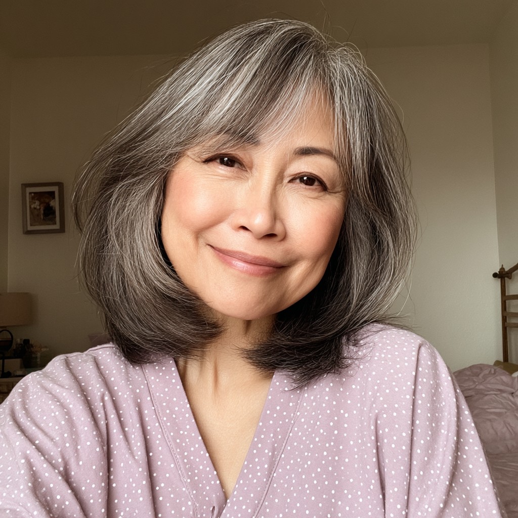 Chic Soft Gray Layered Cut with Curtain Bangs