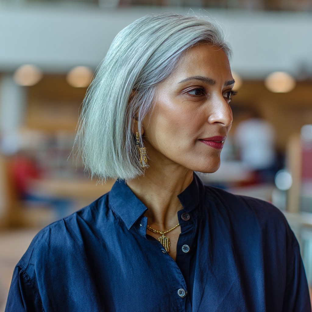 Chic Textured Silver Bob with Subtle Dimension