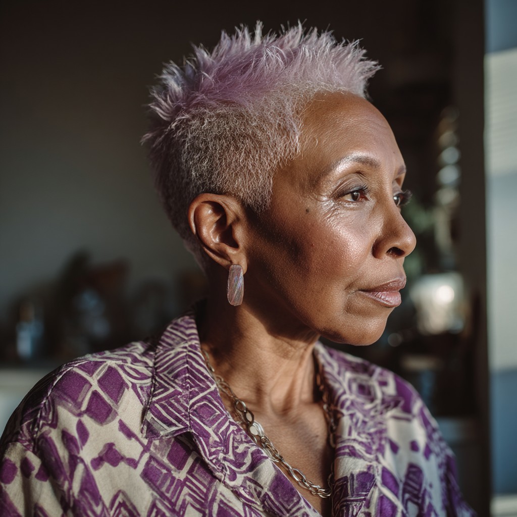 Edgy Short Spiky Cut with Soft Lavender Tones