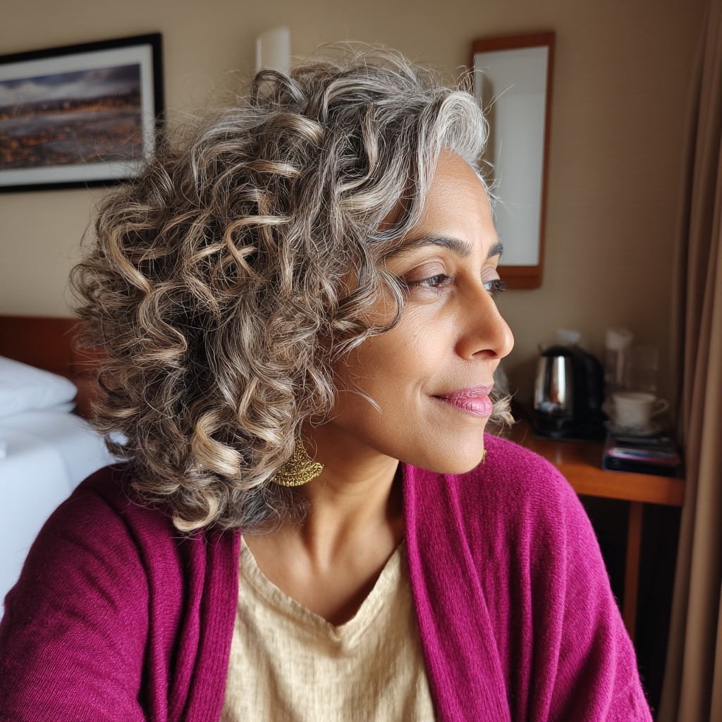 Elegant Curly Silver Bob with Subtle Highlights