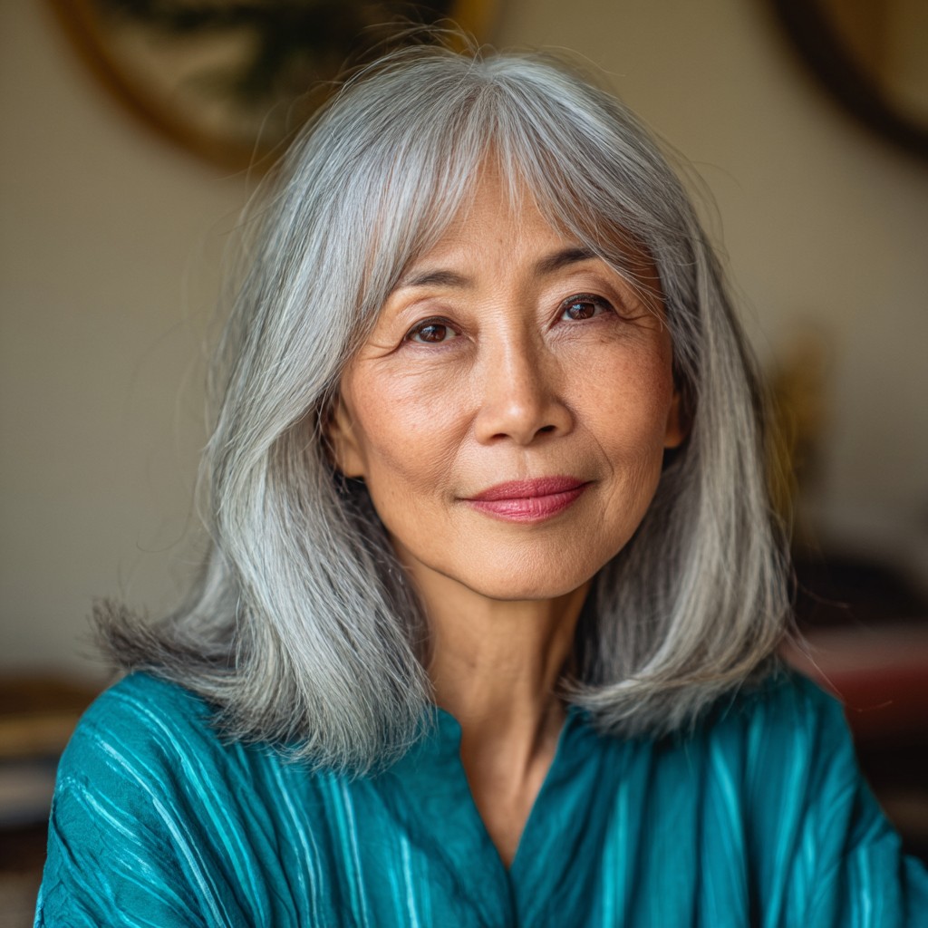 Graceful Soft Gray Layers with Curtain Bangs