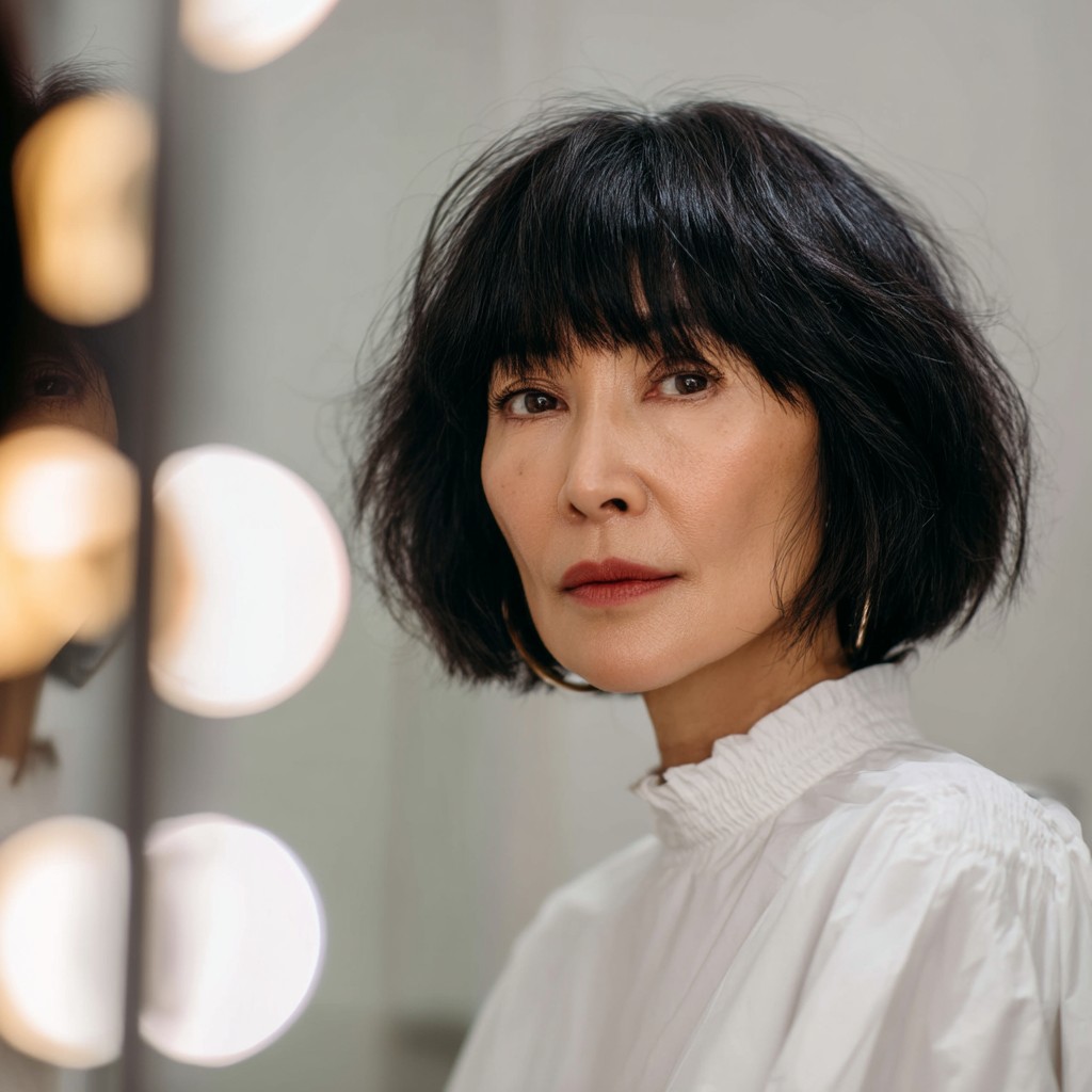 Modern Textured Bob with Soft Bangs for Thick Hair Over 40