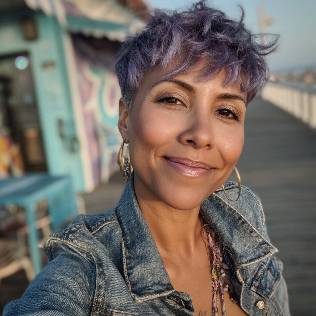 Playful Curly Lavender Pixie Cut