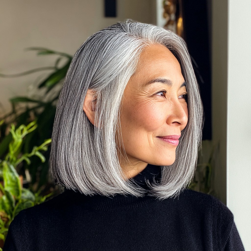 Sleek Silver Shoulder-Length Blunt Cut