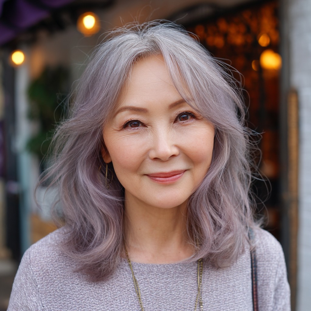 Soft Lavender Layered Waves with Curtain Bangs