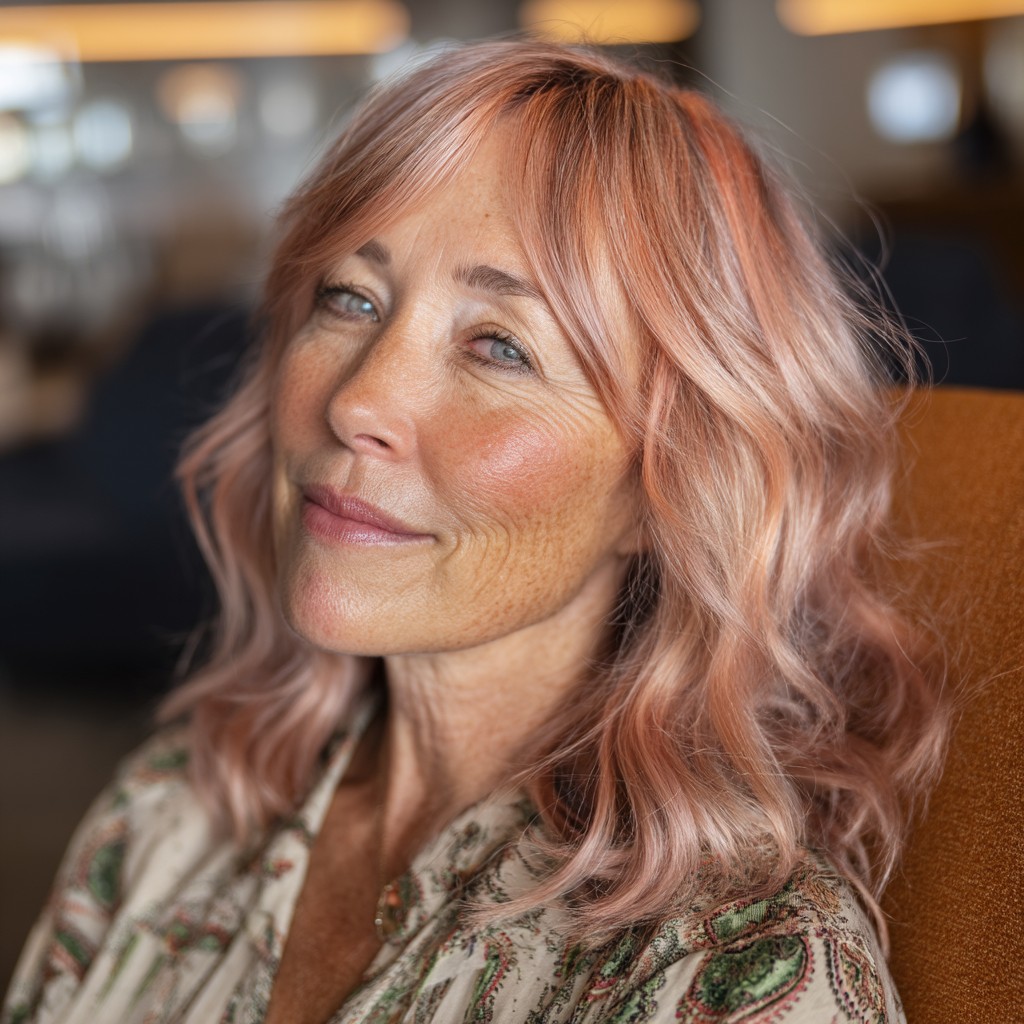 Soft Rose Gold Waves with Curtain Bangs
