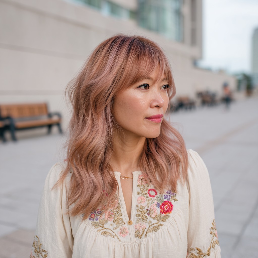 Soft Rose Gold Waves with Subtle Bangs