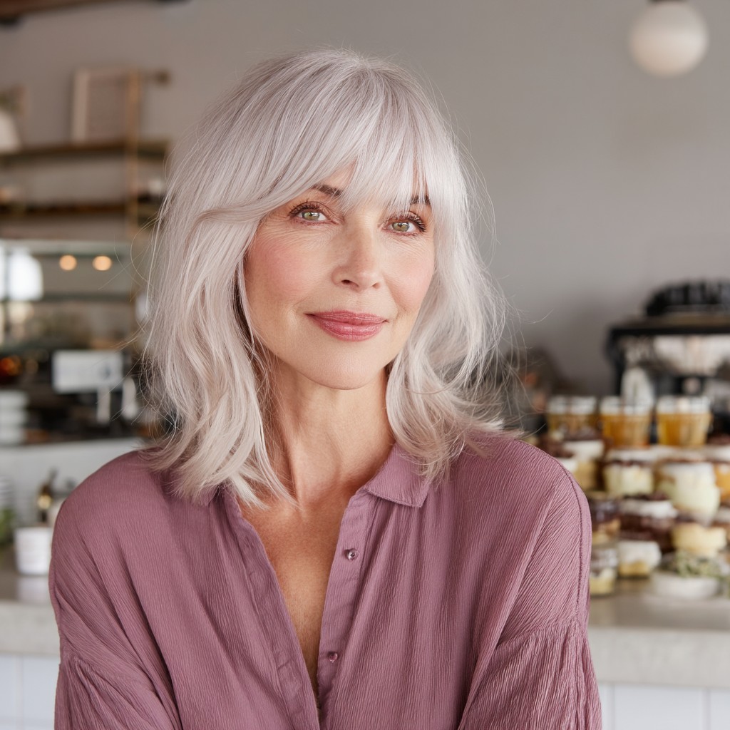 Softly Layered Silver Shoulder-Length Haircut with Face-Framing Bangs