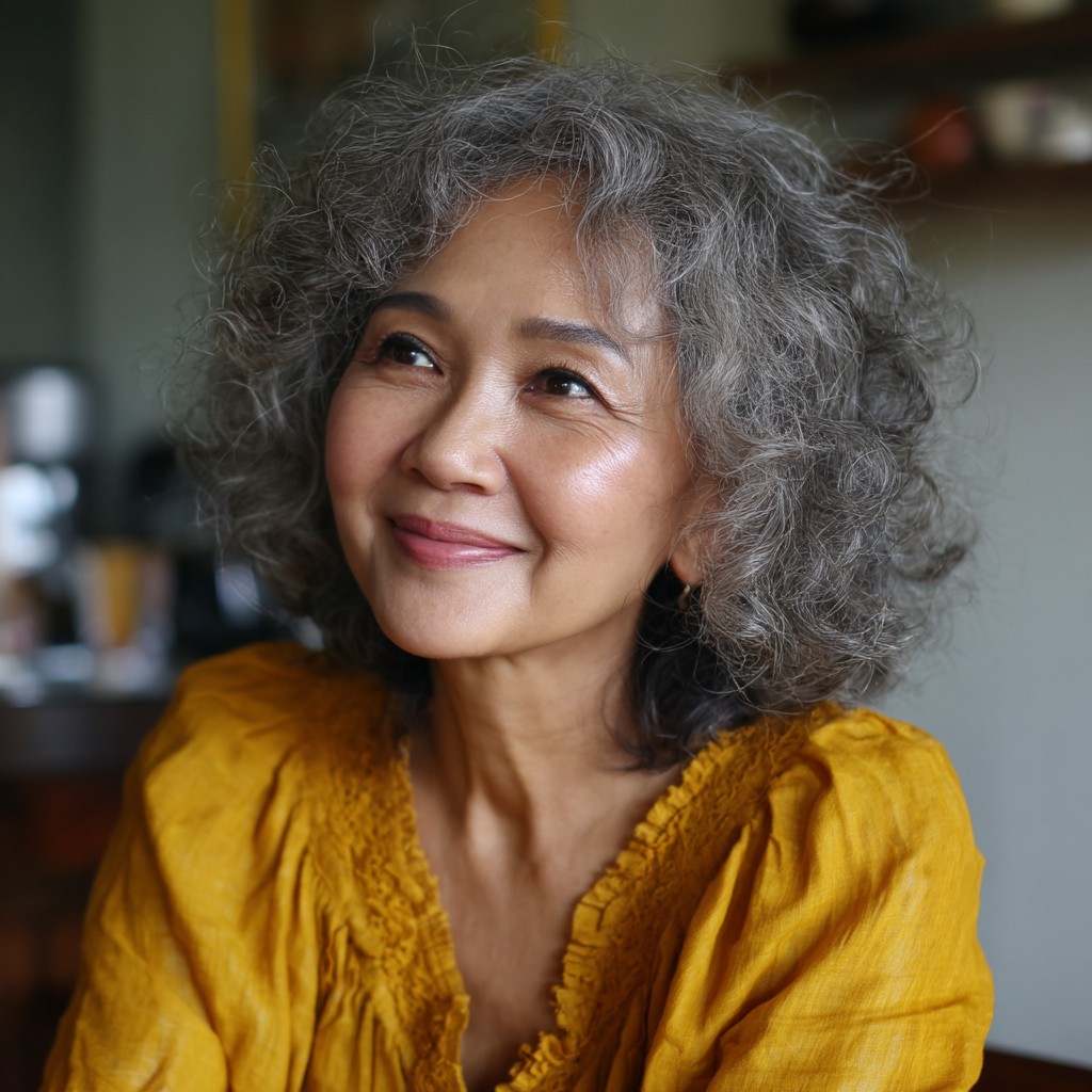 Textured Gray Shoulder-Length Hair with Soft Curls