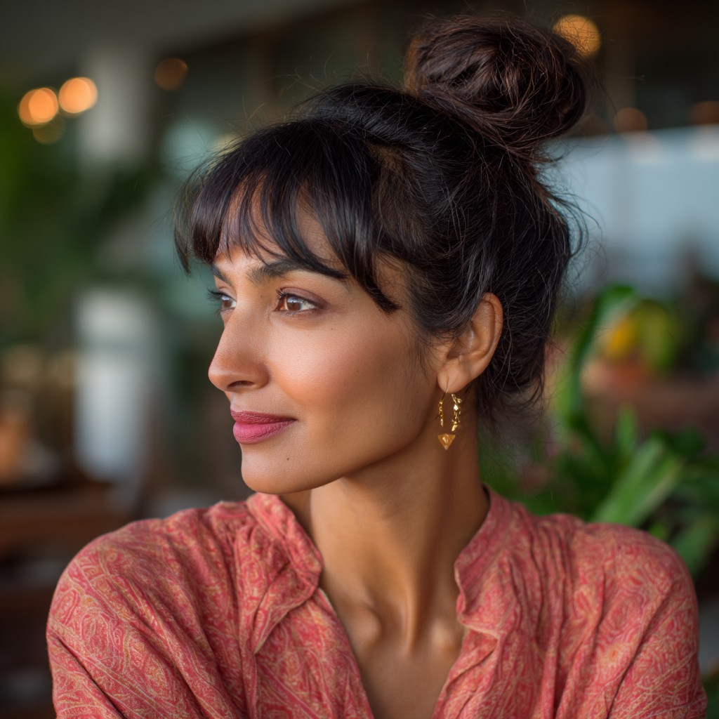Textured High Bun with Face-Framing Bangs