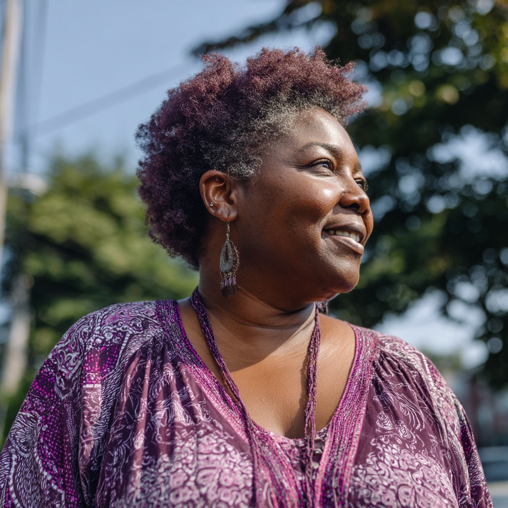 Textured Short Curly Cut with Rich Plum Highlights
