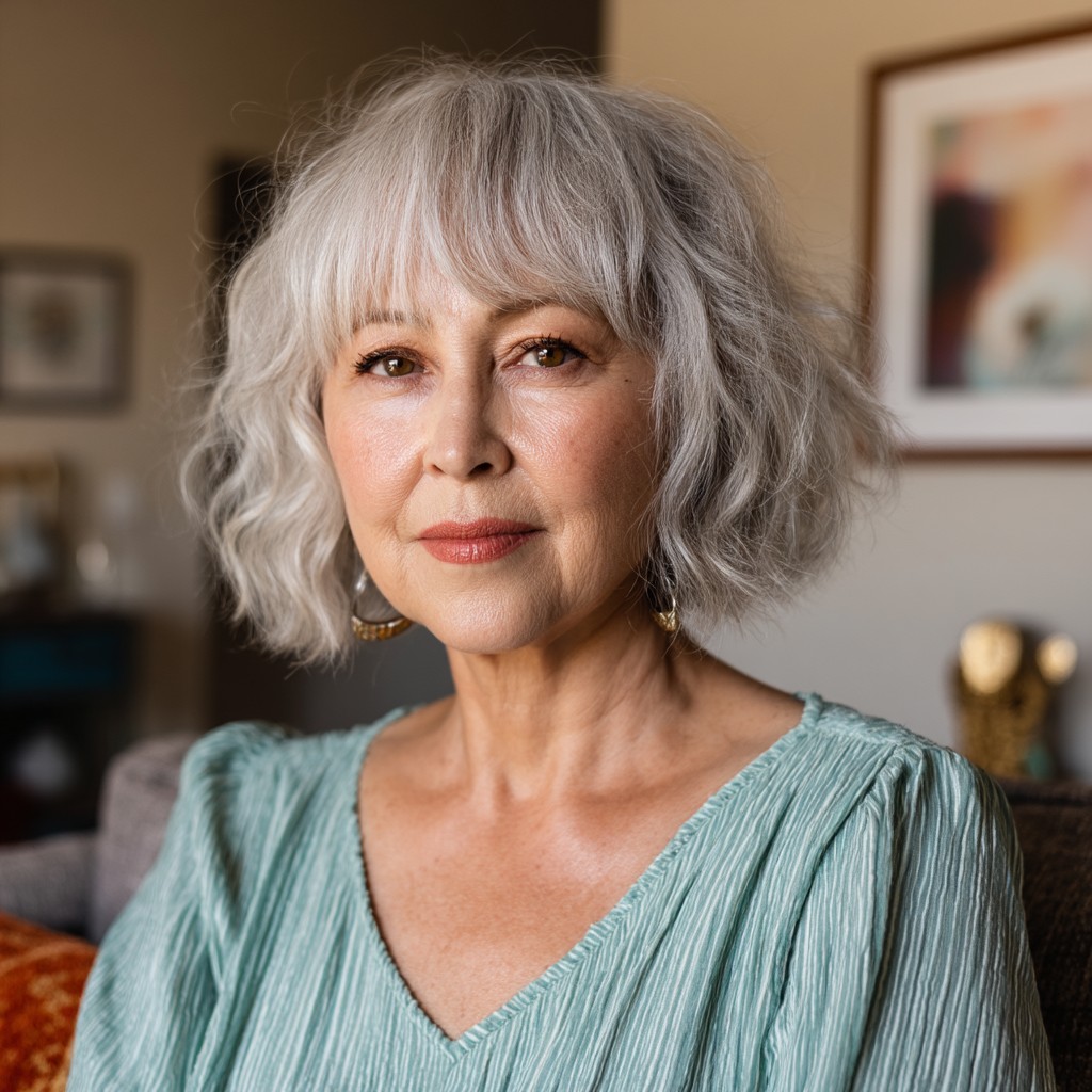 Textured Silver Bob with Soft Bangs