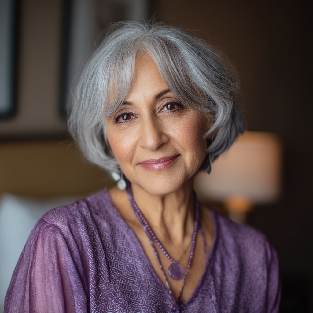 Textured Silver Bob with Soft Curtain Bangs