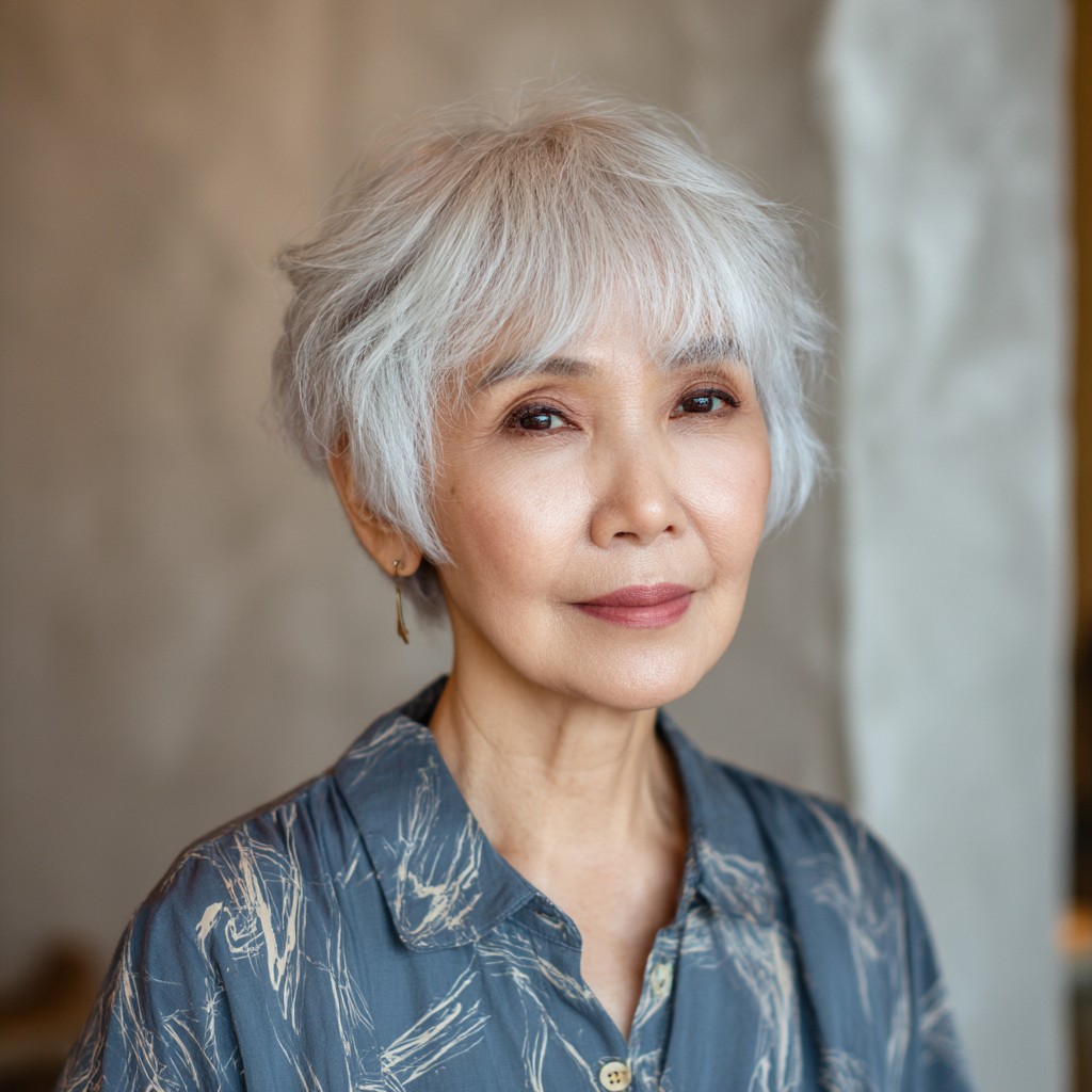 Textured Silver Short Crop with Soft Bangs