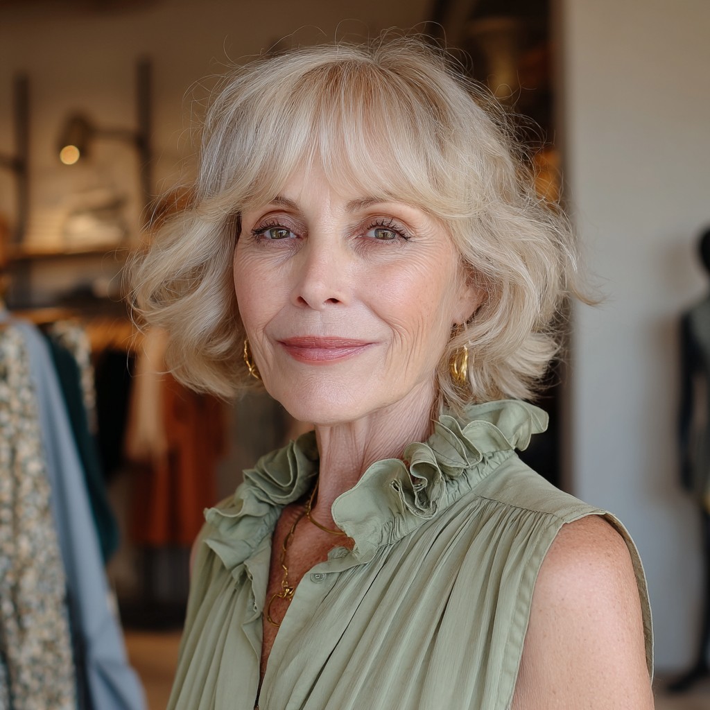 Textured Soft Blonde Waves with Curtain Bangs